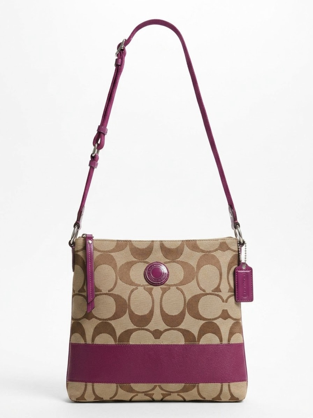 Coach Magenta, Brown & Tan Monogram Canvas Shoulder/Crossbody Purse F1922